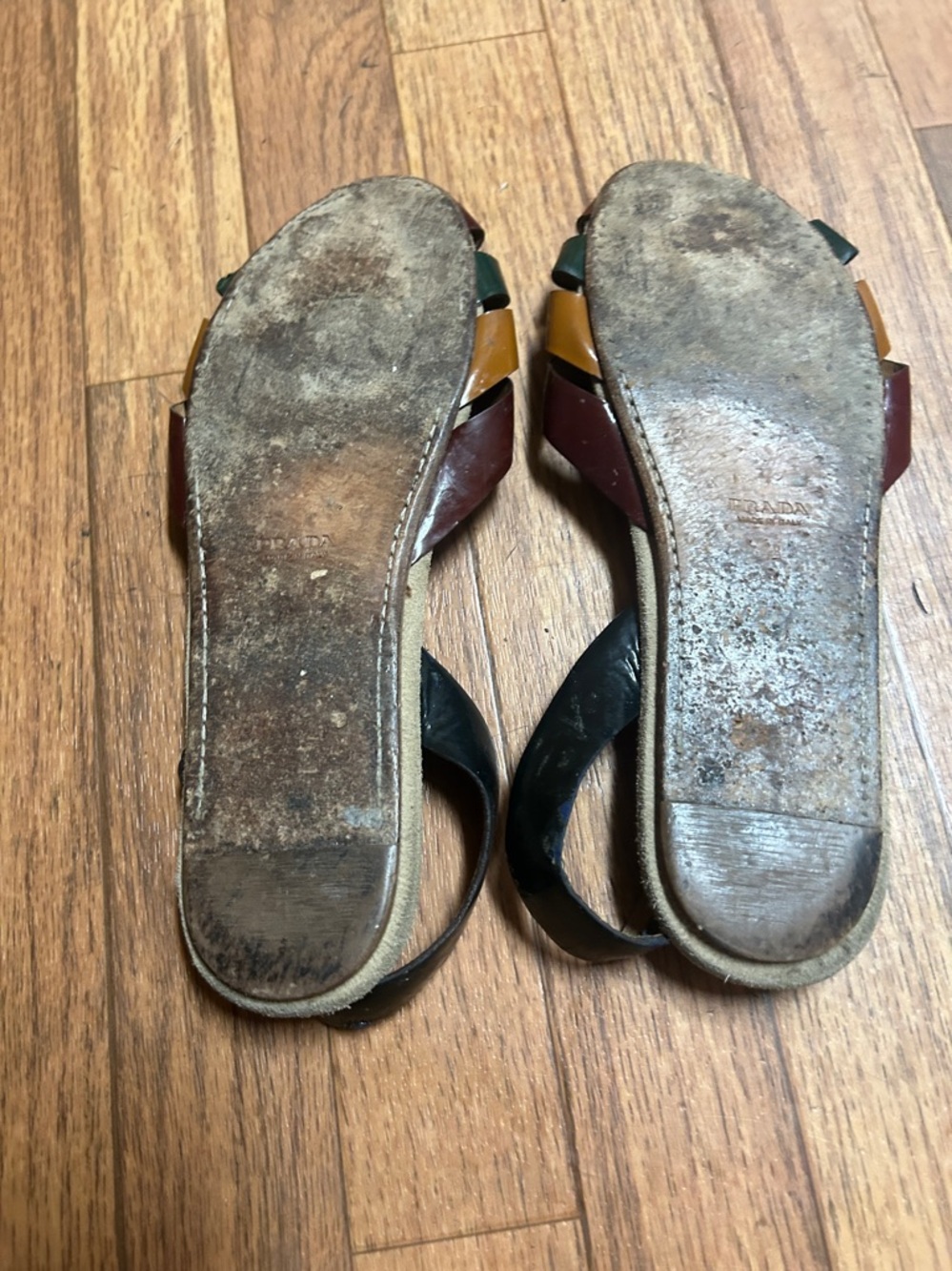 Prada Brown, Burgundy and Green Leather Woven Sandals - Picture 5 of 6
